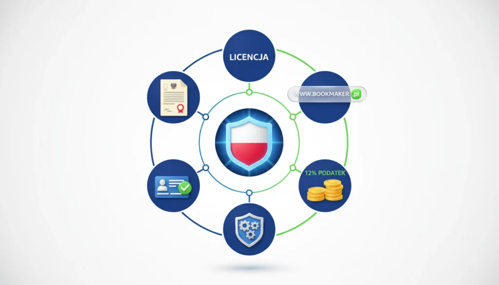 Infografika - 5 warunków legalności bukmachera: licencja MF, domena .pl, podatki, weryfikacja, odpowiedzialna gra