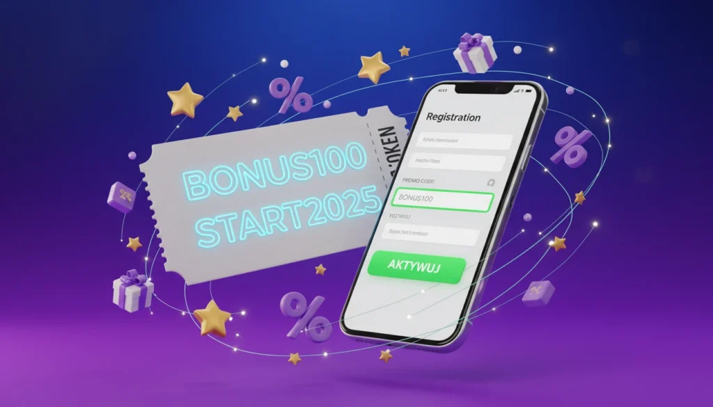 Ilustracja kodów promocyjnych bukmacherskich BONUS100 i START2025 z formularzem rejestracji