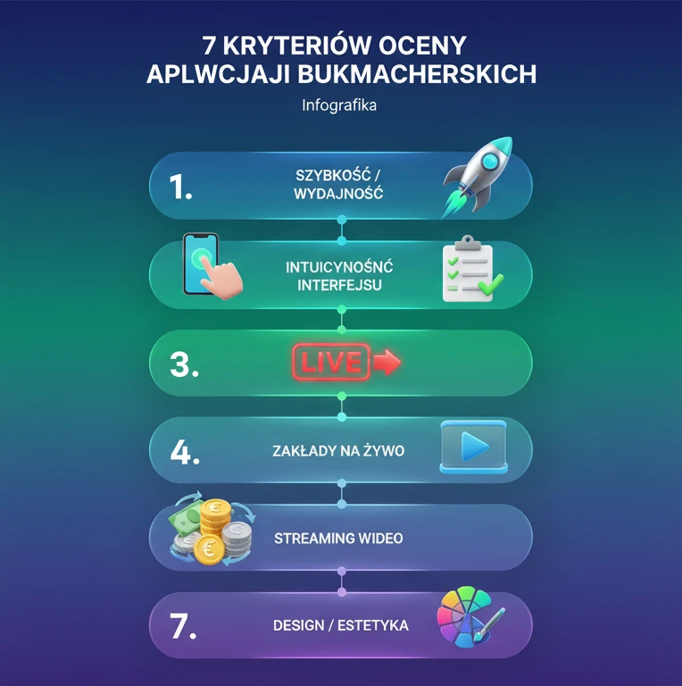 Infografika 7 kryteriów oceny aplikacji mobilnych bukmacherskich - szybkość, interfejs, funkcjonalność