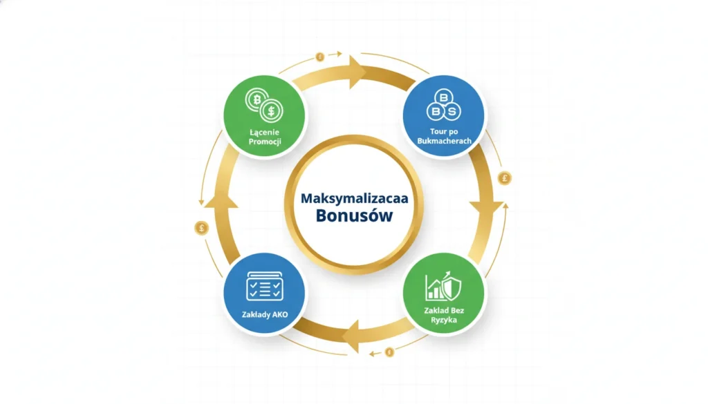 Diagram strategii maksymalizacji bonusów - tour po bukmacherach, zakład bez ryzyka, AKO i łączenie promocji