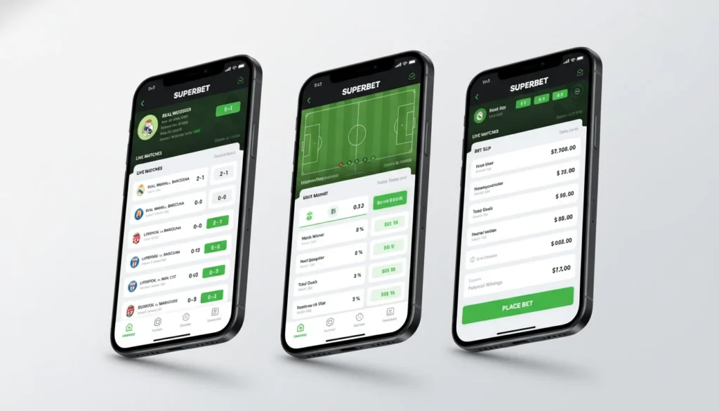 Ekrany aplikacji Superbet - interfejs, zakłady live, szybkie stawianie kuponów