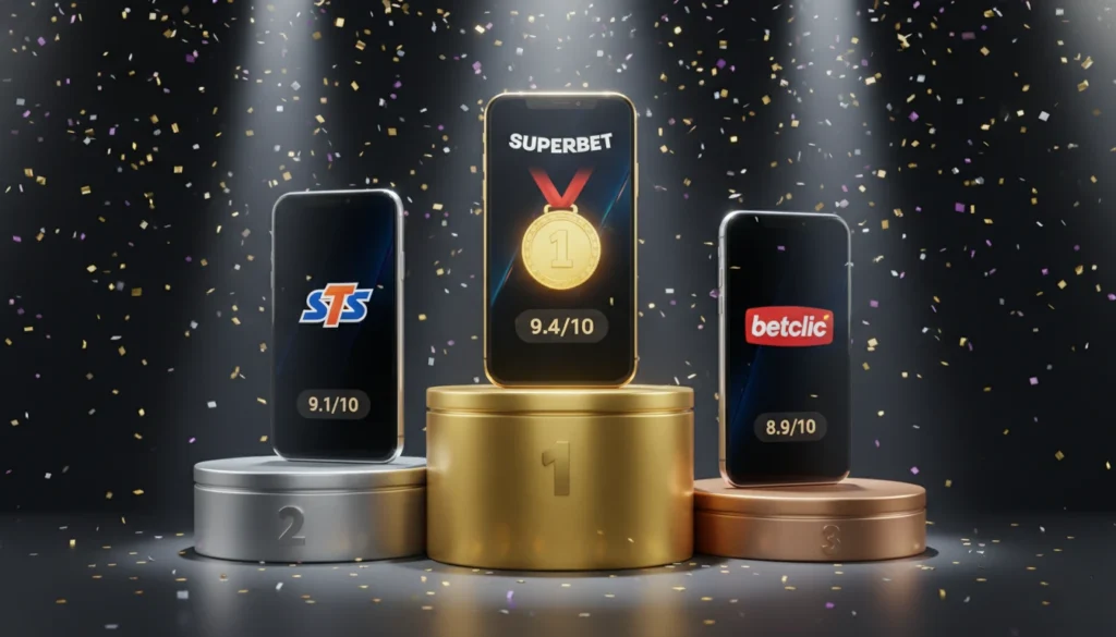 Podium najlepszych aplikacji bukmacherskich - Superbet, STS, Betclic z ocenami
