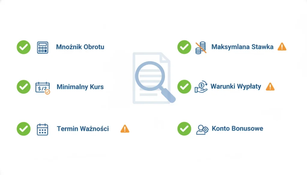 Checklist kluczowych warunków obrotu bonusów - mnożnik, kurs, termin, stawka, wypłata i konto bonusowe