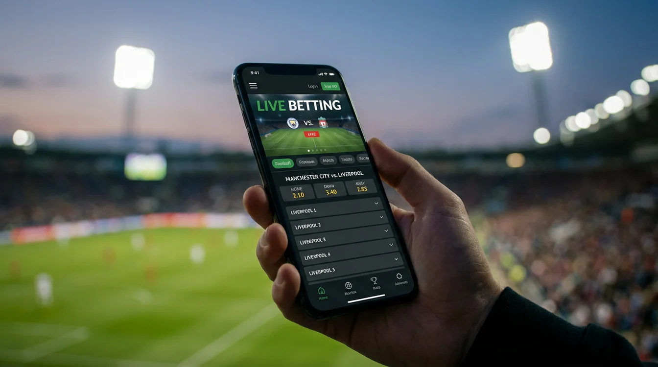 Smartfon z aplikacją bukmacherską na tle stadionu sportowego