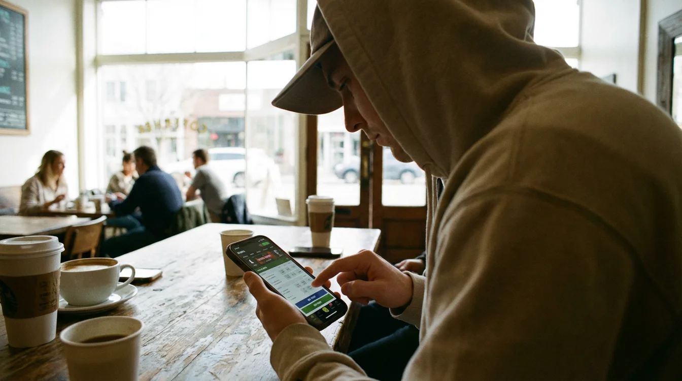Osoba korzystająca z aplikacji bukmacherskiej na smartfonie w kawiarni