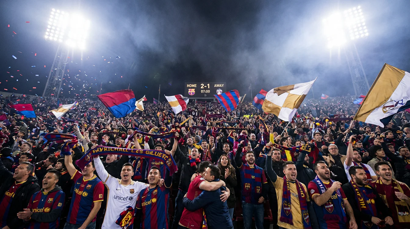 Kibice świętujący na stadionie piłkarskim podczas wieczornego meczu z kolorowymi szalikami