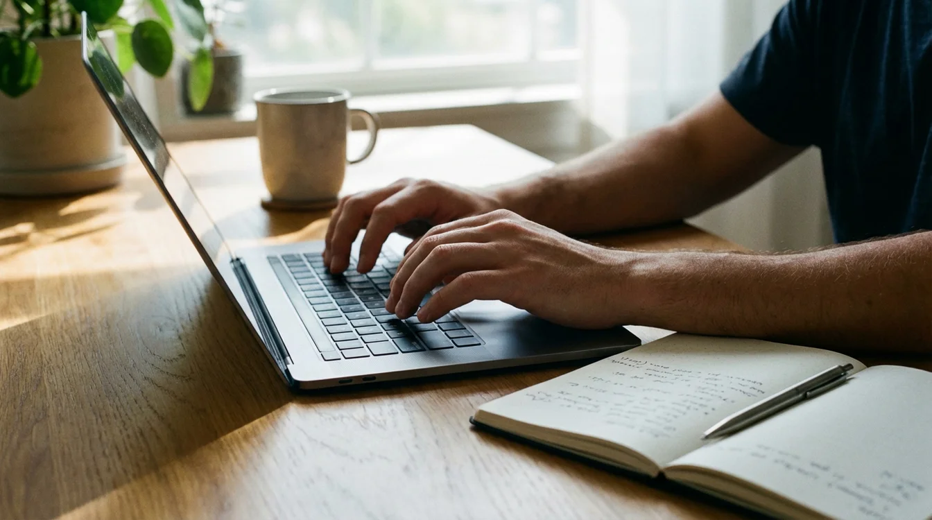 Dłonie wpisujące dane na klawiaturze laptopa przy biurku z notatnikiem