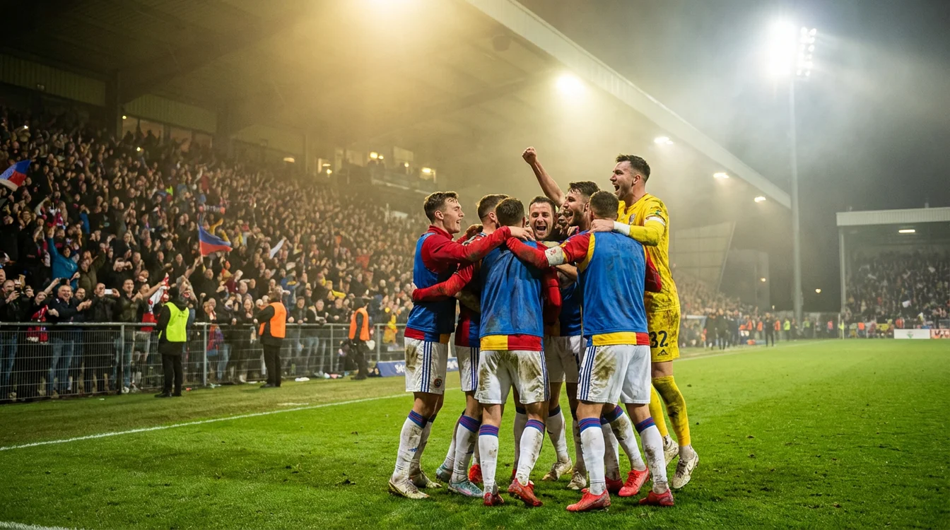 Piłkarze świętujący bramkę na murawie stadionu podczas wieczornego meczu
