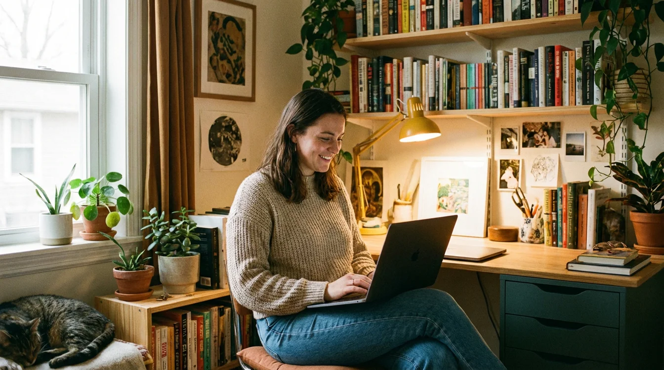 Kobieta czytająca informacje na ekranie laptopa w domowym biurze